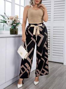 Calvaya Plus Solid Cami Top & Geo Print Tie Front Wide Leg Pants