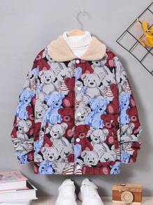 Tween Boys 1pc Bear Print Borg Collar Teddy Lined Jacket