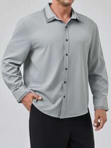Manfinity Homme Hombres talla grande Camisa ribete de rayas con botón - Gris Oscuro - Ver 5