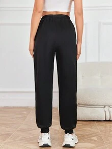 SHEIN EZwear Fire Print Elastic Waist Sweatpants - Black - View 2