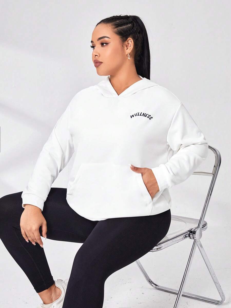 SHEIN Sports 大碼字母圖案袋鼠口袋落肩袖連帽運動衛衣 - 白色 - 查看 1