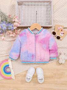 SHEIN Baby Girl Tie Dye Striped Trim Teddy Bomber Jacket
