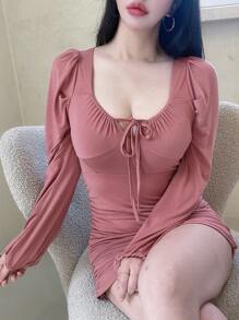DAZY 纯色系带前褶皱紧身连衣裙，秋季连衣裙长袖连衣裙 - 粉色 - 查看 7