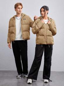 Manfinity VCAY 1pc Men's Loose Fit Letter Patched Drawstring Hooded Padded Coat, For Fall Winter - Camel - View 3