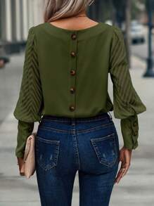 SHEIN LUNE 網紗拼接後紐扣燈籠袖襯衫 - 軍綠色 - 查看 3