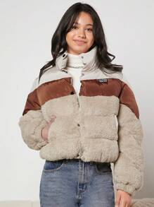 Teen Girl Color Block Letter Patched Detail Snap Button Padded Coat - Multicolor - View 1