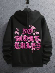 Manfinity EMRG Hombres Capucha con estampado floral con slogan de hombros caídos con cordón - Negro - Ver 1