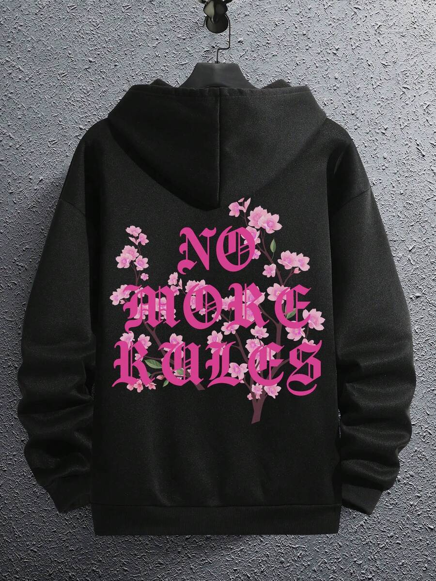 Manfinity EMRG Hombres Capucha con estampado floral con slogan de hombros caídos con cordón - Negro - Ver 1