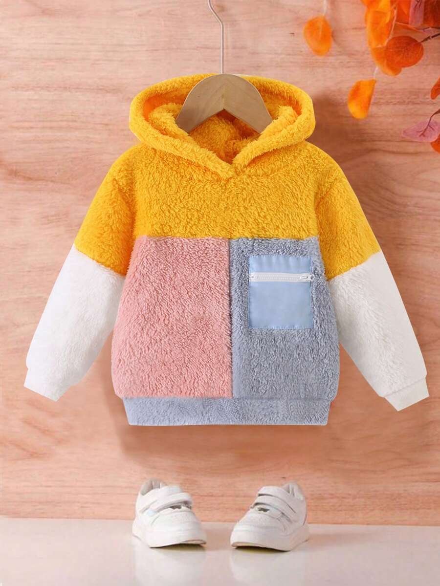 SHEIN 女童撞色拼接口袋泰迪熊卫衣 - 彩色 - 查看 1