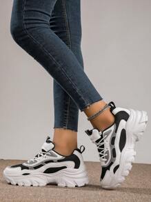 女士運動鞋,黑白拼接,春秋時尚透氣、萬能款厚底鞋 - 黑與白 - 查看 1