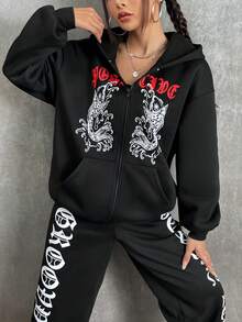 SHEIN Coolane Letter Graphic Drop Shoulder Hoodie & Sweatpants - Black - View 5