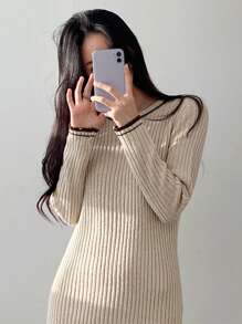 DAZY Contrast Trim Ribbed Knit Sweater Dress - Khaki - View 4