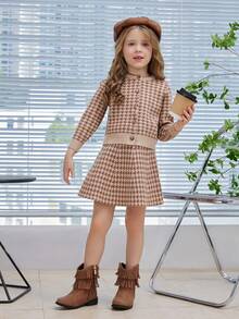SHEIN Young Girl Houndstooth Pattern Cardigan & Knit Skirt - Multicolor - View 3