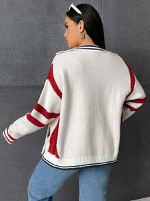 SHEIN EZwear Plus Letter Pattern Striped Trim Drop Shoulder Cardigan - White - View 2