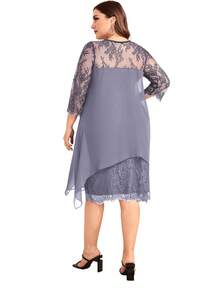 Contrast Lace Asymmetrical Hem Dress - Mauve Purple - View 2