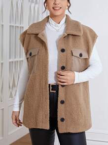 SHEIN Essnce Hơn Túi có nắp Teddy Áo vest - Màu Khaki - Xem 5