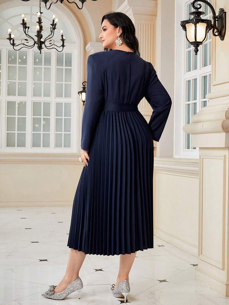 Plus Cut Out Front Pleated Hem Belted Dress