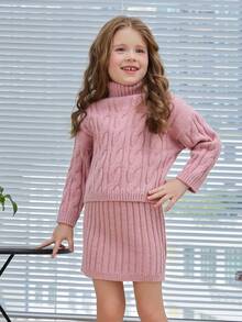女小童1入組麻花編織高領落肩袖套頭毛衣&1入組針織短裙 - 粉色 - 查看 4