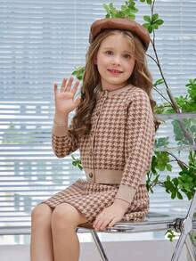 SHEIN Young Girl Houndstooth Pattern Cardigan & Knit Skirt - Multicolor - View 5