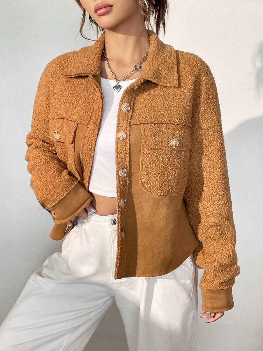 SHEIN EZwear 翻蓋口袋落肩袖毛絨夾克 - 卡其色 - 查看 1
