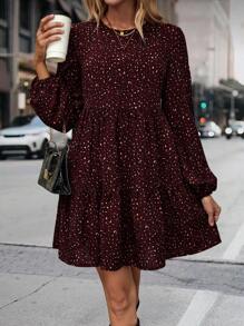 Breezaya 满版印花灯笼袖荷叶边下摆罩衫连衣裙 酒红色度假海滩装 女款 - 酒紅色 - 查看 4