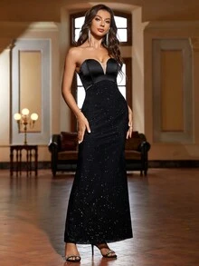 PARTHEA V-neck See Through Satin Spliced Boning Sequin Bodycon Long Dress - Black - View 3
