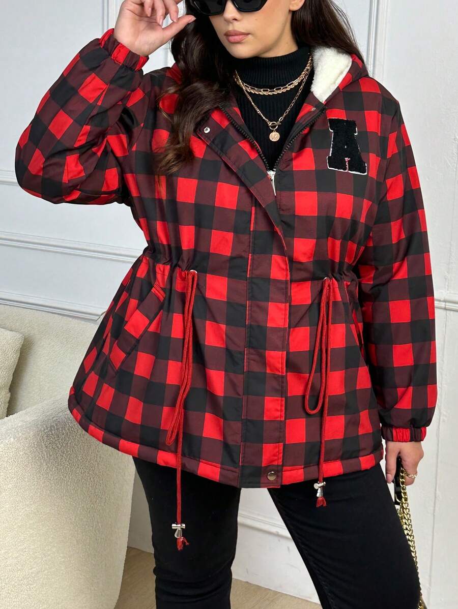 SHEIN LUNE Plus Size Buffalo Plaid Print Drawstring Waist Hooded Padded Coat - Multicolor - View 1