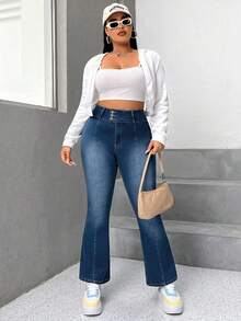 SHEIN EZwear Plus High Waist Flare Leg Jeans - Blue - View 5