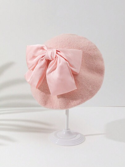 Kawaii 1pc Women Solid Bow Decor Beret Hat Valentines