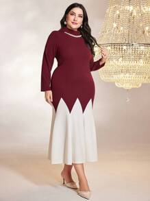 Modelyn 勃艮第红色加双色珍珠串珠高领连衣裙 - 酒紅色 - 查看 5