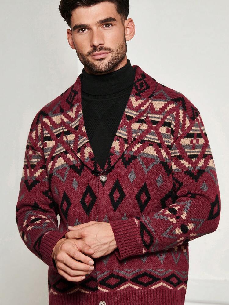 Men Geo Pattern Button Front Cardigan