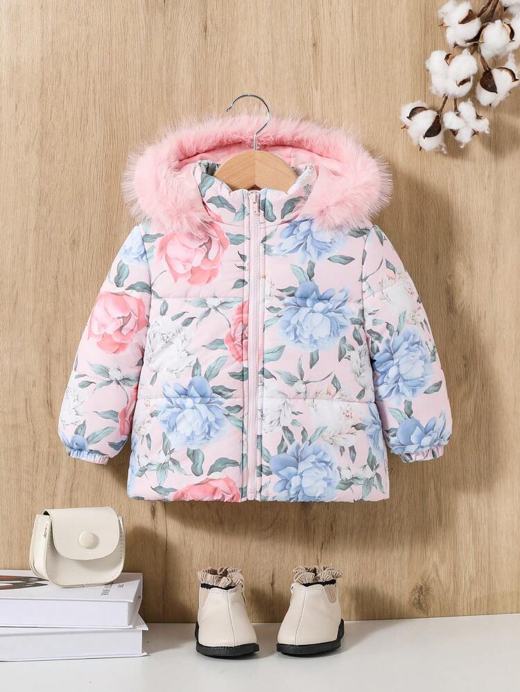 Baby Girl Allover Floral Print Fuzzy Trim Hooded Padded Coat