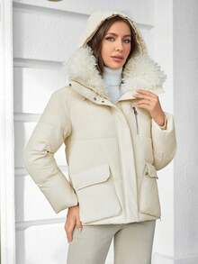 GASMAN Flap Pocket Fuzzy Trim Hooded Padded Coat - Beige - View 4