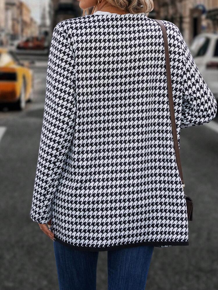 Houndstooth Print Open Front Contrast Binding Open Front Coat Fall Cloth For Women