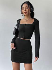 SHEIN Unity 女士时尚休闲纯色方领长袖上衣半身裙两件套 - 黑色 - 查看 3