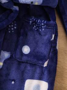 男嬰卡通圖案連帽腰帶法蘭絨睡袍 - 藏蓝色 - 查看 6