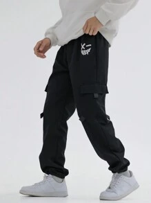 SHEIN Tween Boy 2pcs Expression Print Flap Pocket Side Cargo Pants - Multicolor - View 3