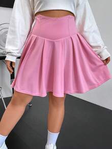 SHEIN Qutie 大碼高腰褶皺細節喇叭半身裙 - 粉色 - 查看 2