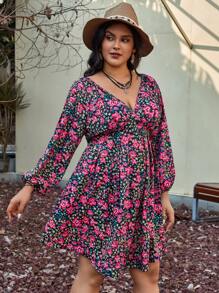 SHEIN VCAY Hơn In hoa Buộc lại Đầm - Nhiều màu - Xem 4