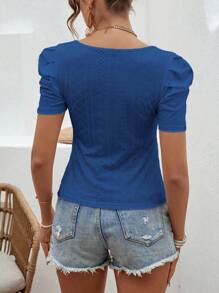 SHEIN Clasi 雞心領口褶邊T恤 - 水鴨藍 - 查看 2