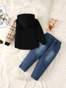 Young Boy Plaid Print Hooded Shirt & Ripped Frayed Jeans - Black - View 2