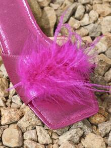 女性羽毛裝飾方頭平底涼鞋 - 粉色 - 查看 5