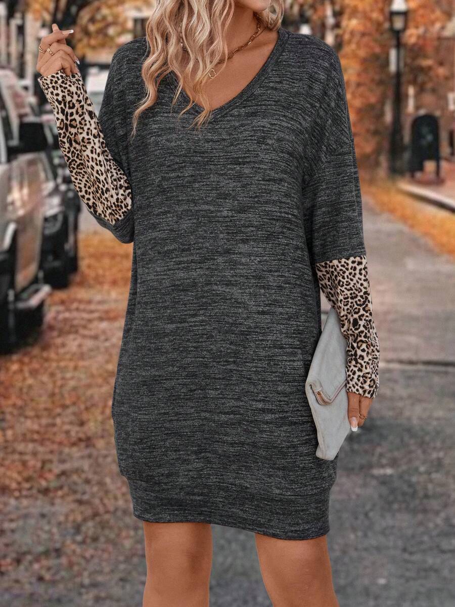 SHEIN LUNE 豹紋印花蝙蝠袖T恤洋裝 - 彩色 - 查看 1