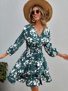 SHEIN VCAY Floral Print Lantern Sleeve Dress - Green - View 4
