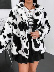 Flirla Plus Cow Pattern Open Front Teddy Coat - Black and White - View 2
