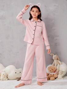 SHEIN Chica preadolescente Conjunto de pijama unido en contraste con botón delantero - Rosa - Ver 3