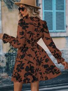 SHEIN Clasi Floral Print Tie Neck Flare Sleeve Ruffle Hem Dress - Orange - View 2