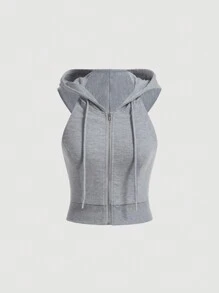 SHEIN EZwear Chất rắn Dây kéo Dây rút Mùa vụ Áo vest Hoodie - Xám - Xem 1