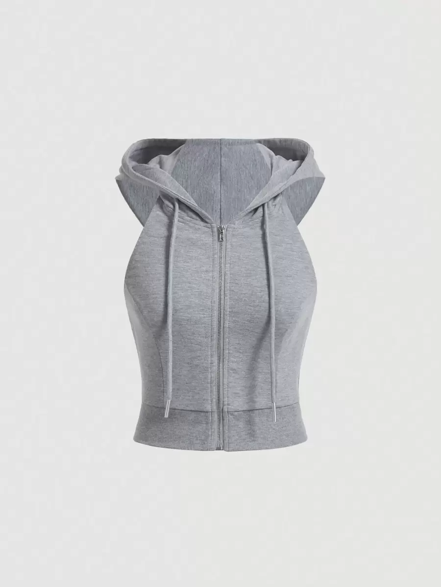 SHEIN EZwear Chất rắn Dây kéo Dây rút Mùa vụ Áo vest Hoodie - Xám - Xem 1