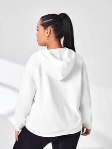 SHEIN Sports 大碼字母圖案袋鼠口袋落肩袖連帽運動衛衣 - 白色 - 查看 2